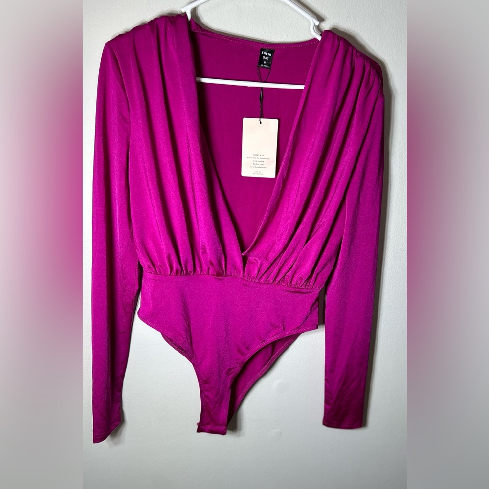 SHEIN BAE sexy Plunging Ruched bodysuit hot pink NEW! w/tags Women’s M